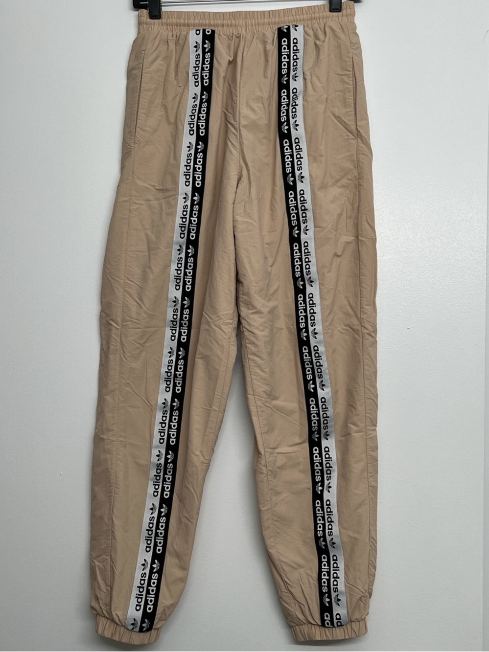 adidas Tan Joggers with Black-and-White Logo Tape
